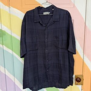 Vince Mens Blue Plaid Short Sleeve 100% Linen Button Up Shirt Sz XL 🧡🍄